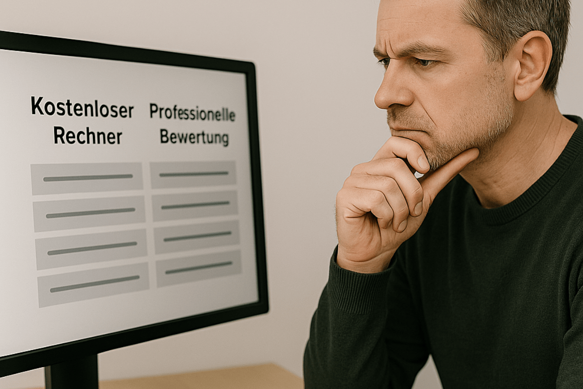 Immobilienbewertung Vergleich – Mann vergleicht kostenlosen Immobilienrechner mit professioneller Bewertung am Bildschirm.