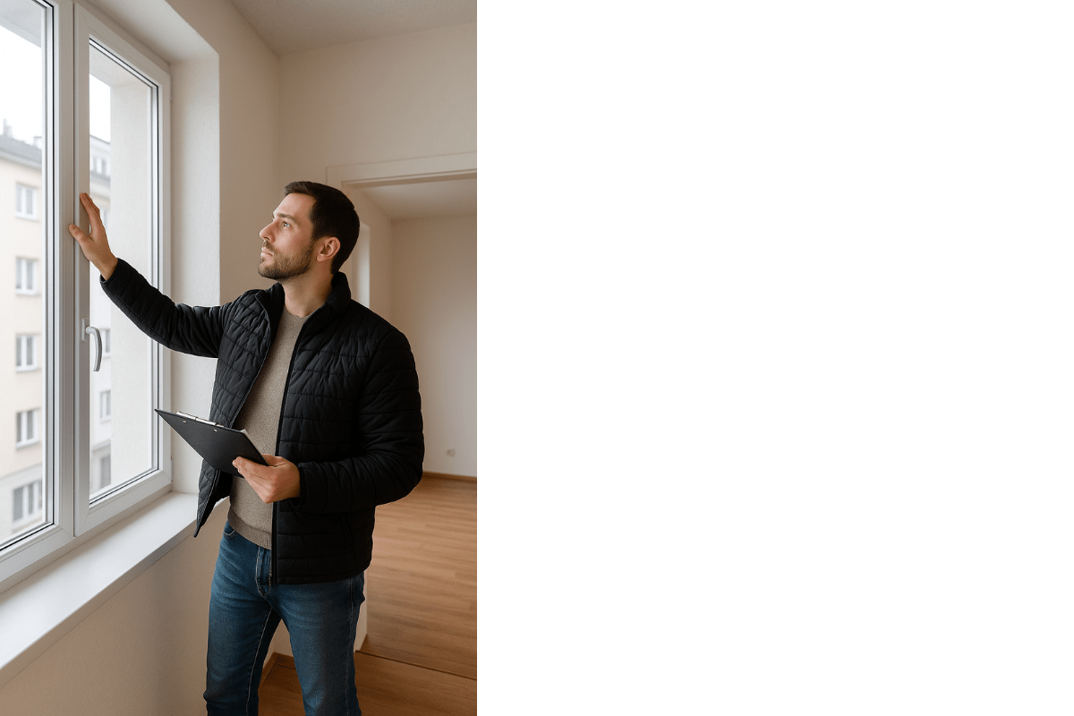 Fragen bei Wohnungsbesichtigung – Käufer prüft Fenster und Zustand der Räume.