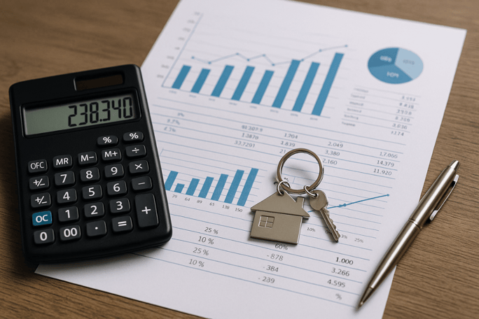 Taschenrechner, Dokumente und Schlüssel - Planung der Immobilienfinanzierung