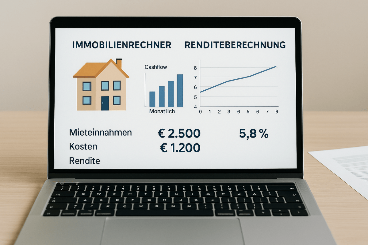 Immobilienrechner: Laptop mit Finanzdiagrammen und Renditeberechnungen