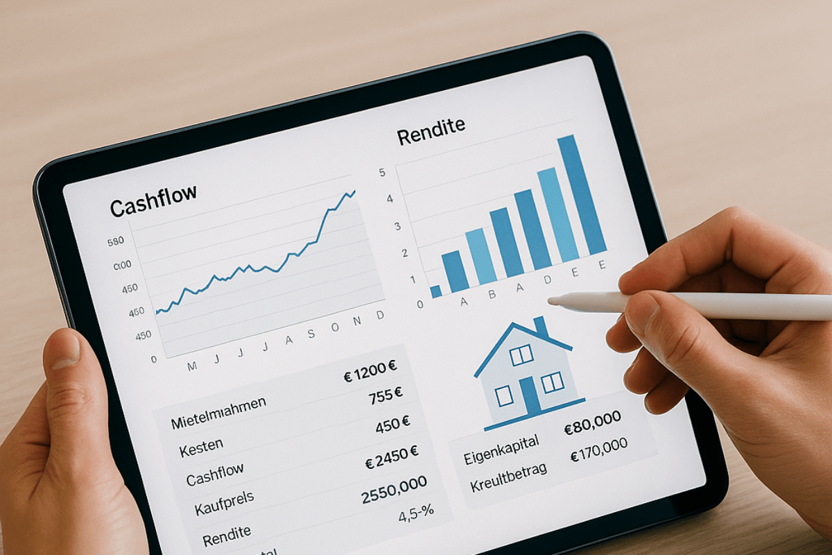 Renditerechner: Person analysiert Immobilien-Finanzdaten auf digitalem Tablet