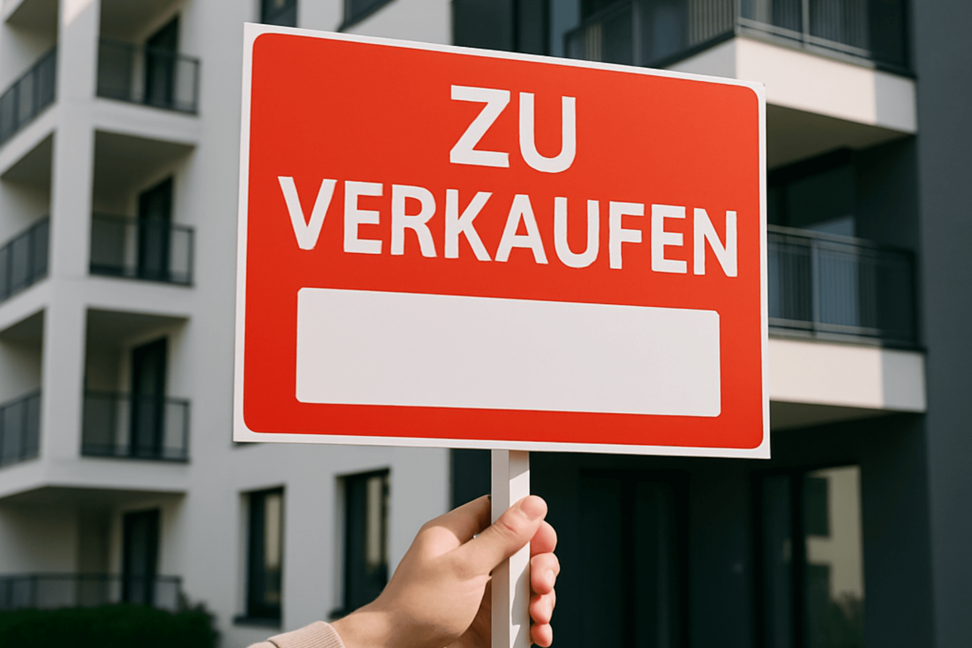 Person hält Verkaufsschild vor modernem Wohnhaus – Symbolbild für aktuelle Immobilienpreise am Markt