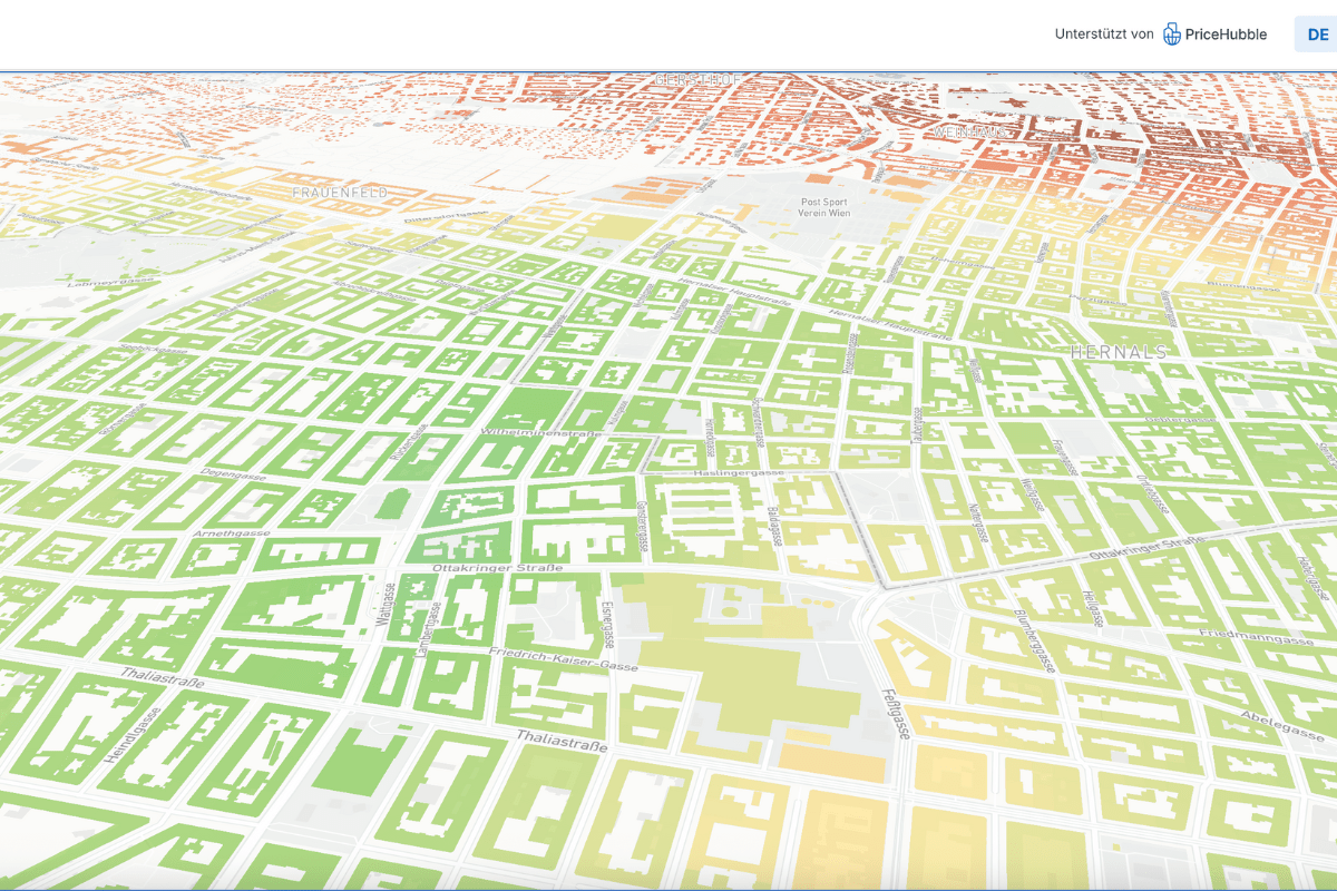  Immobilien in Österreich kaufen – farbcodierte Visualisierung der Immobilienwerte in Wien auf der Soldd-Plattform, basierend auf Lagequalität.