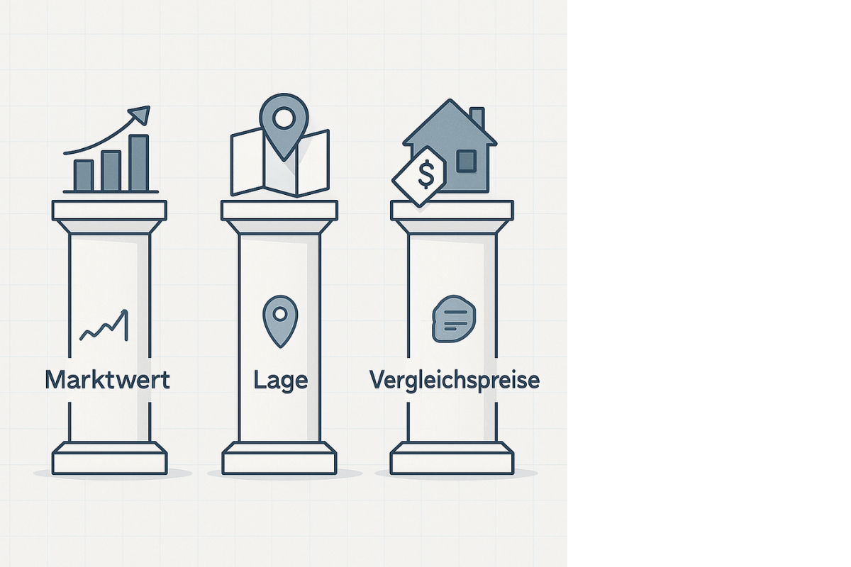 Immobilienbewertung Verfahren – Drei Säulen der Immobilienbewertung online: Marktwert, Lage und Vergleichspreise in einer grafischen Darstellung.