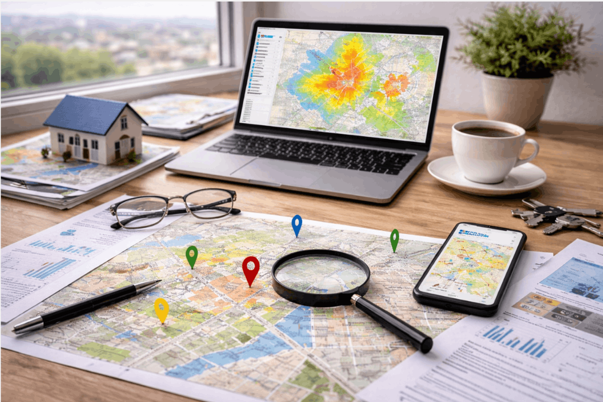 Standortanalyse für Immobilien: Stadtkarte mit Markierungen und Lupe auf dem Tisch, Laptop mit Heatmap-Analyse im Hintergrund sowie Smartphone mit Kartenansicht