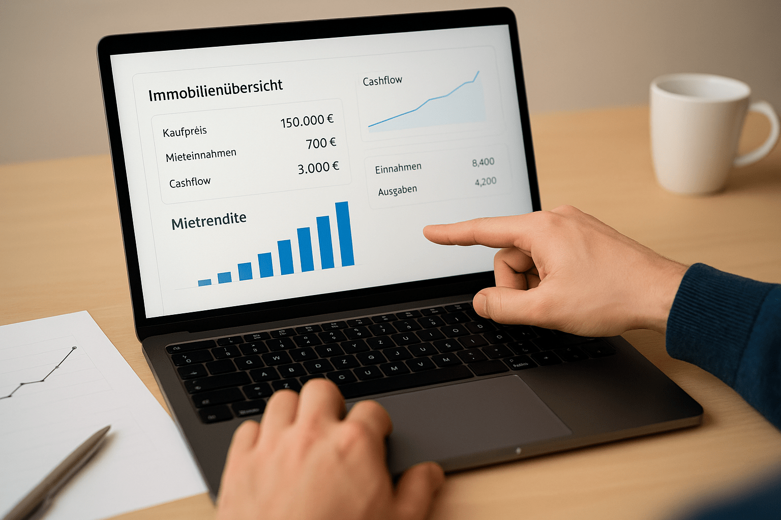 Wohnungskauf mit Mietrendite-Berechnung am Laptop – datenbasierte Immobilienanalyse